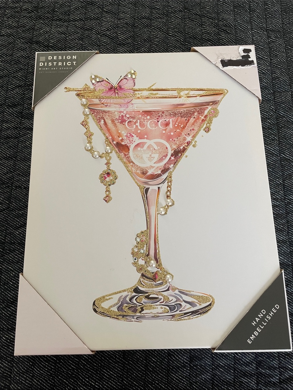 Pink Martini Glass Wall Art with Gold Accents -hand embellished